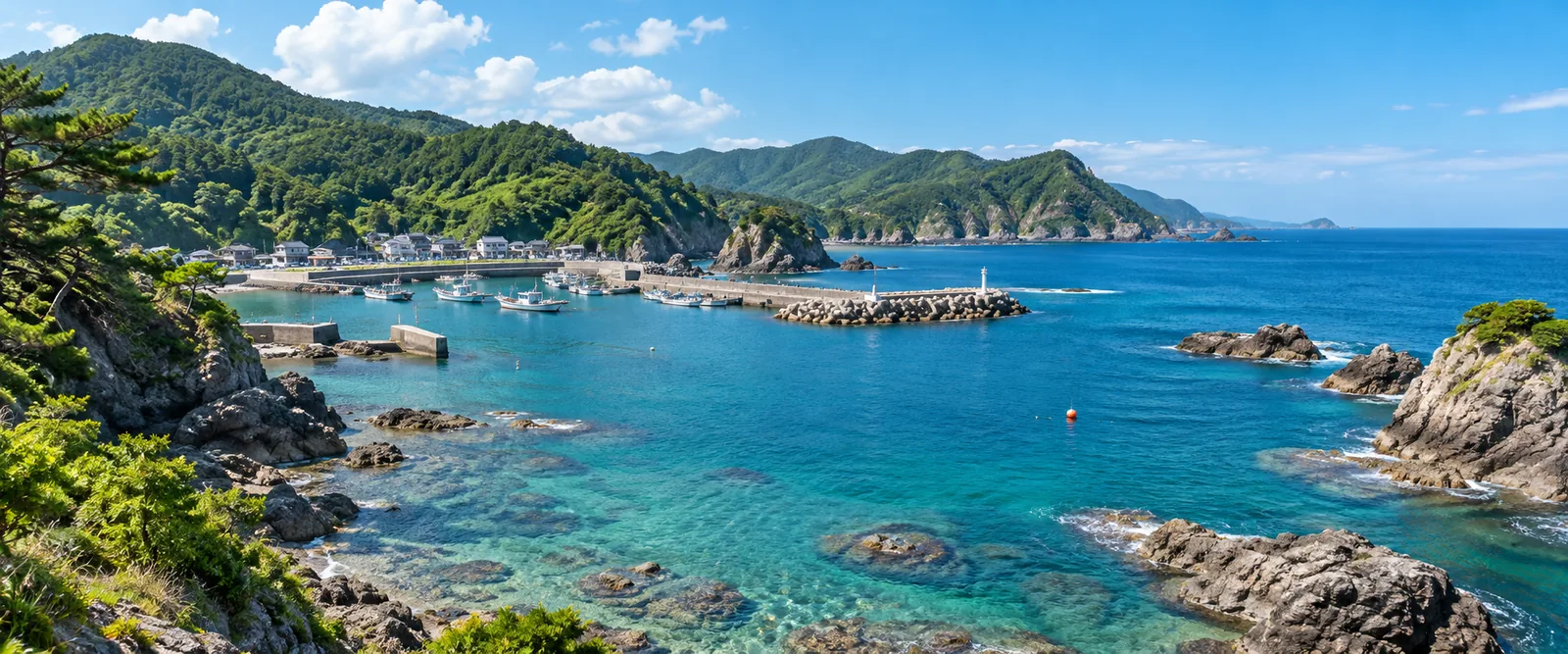 日本の静かな太平洋沿岸、青い入り江と小さな漁港を遠くから見る明るい夏の写真、特定の店やランドマークは描かない(編集用イメージ)